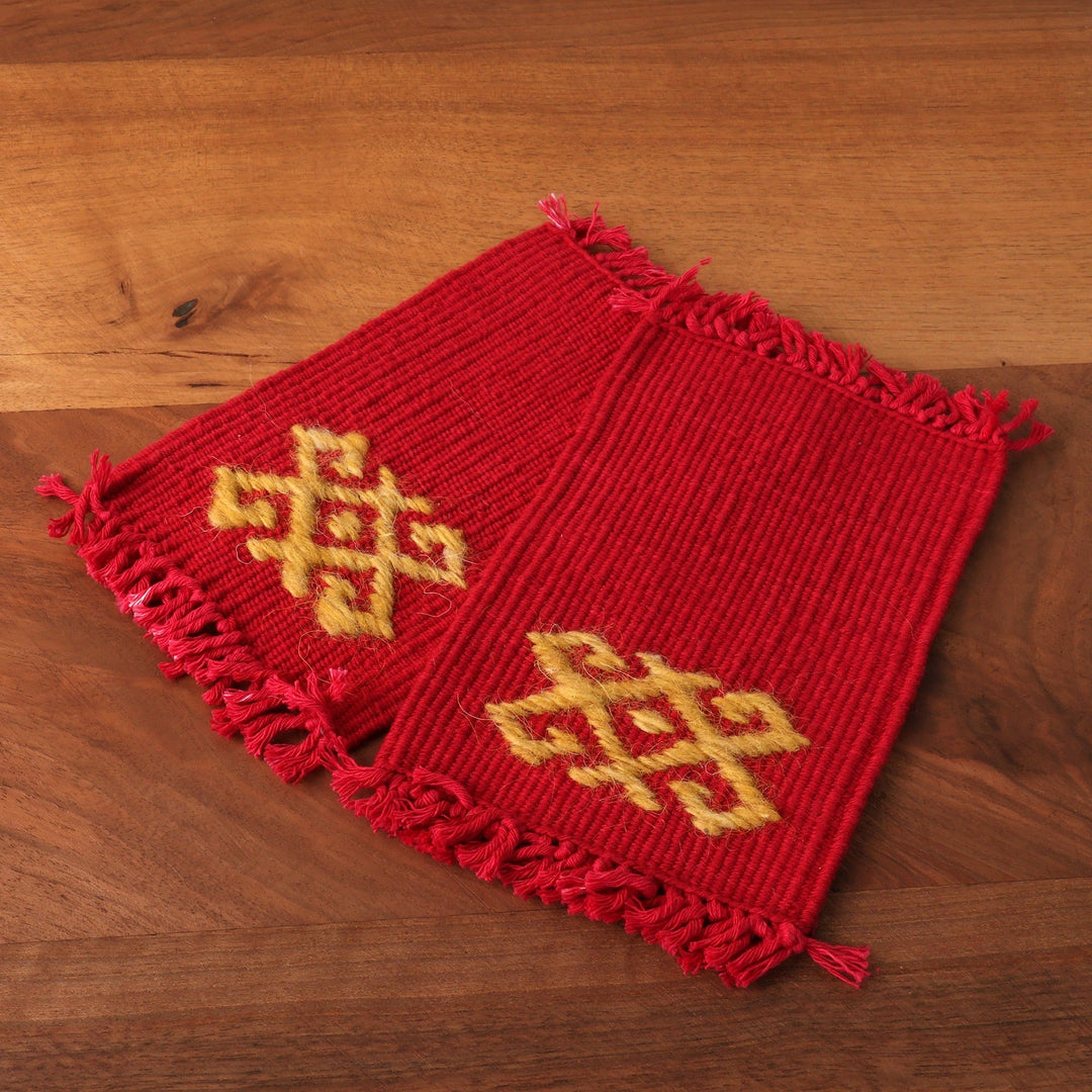 2 Handwoven Red Cotton Coasters with Hand-Embroidered Motif - Traditions in Red