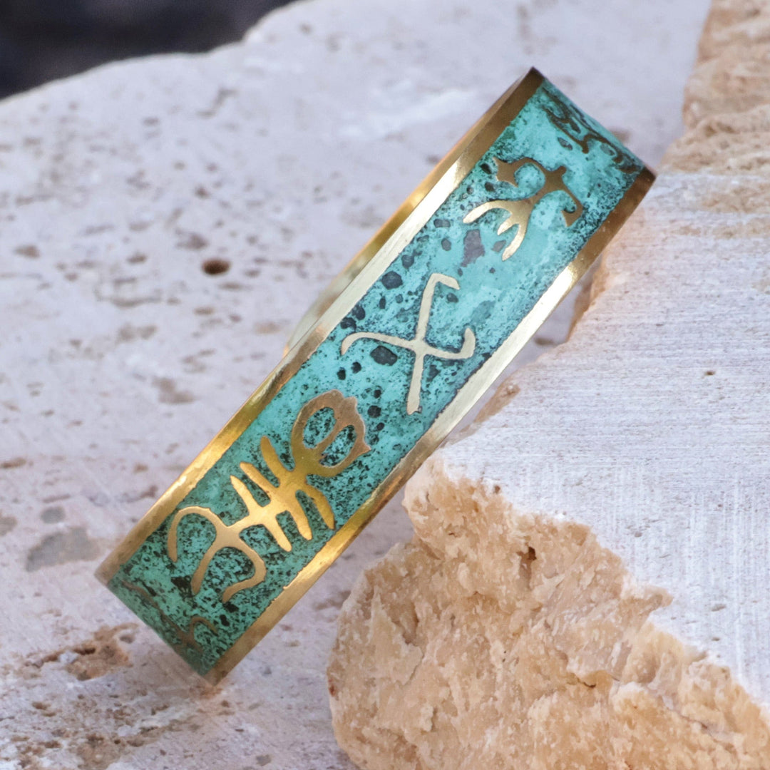 Brass Cuff Bracelet with Traditional Armenian Hieroglyphs - Armenian Hieroglyph