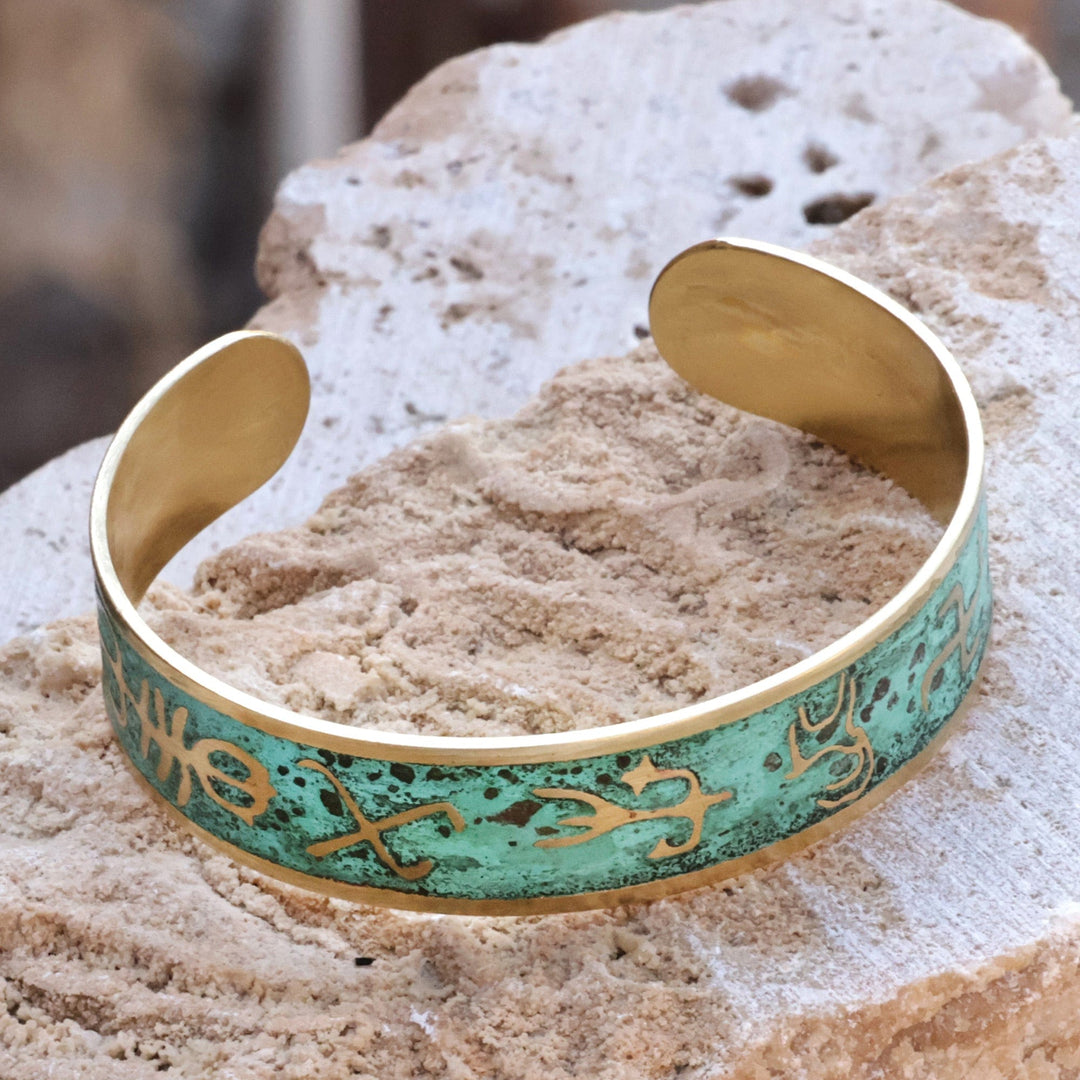 Brass Cuff Bracelet with Traditional Armenian Hieroglyphs - Armenian Hieroglyph