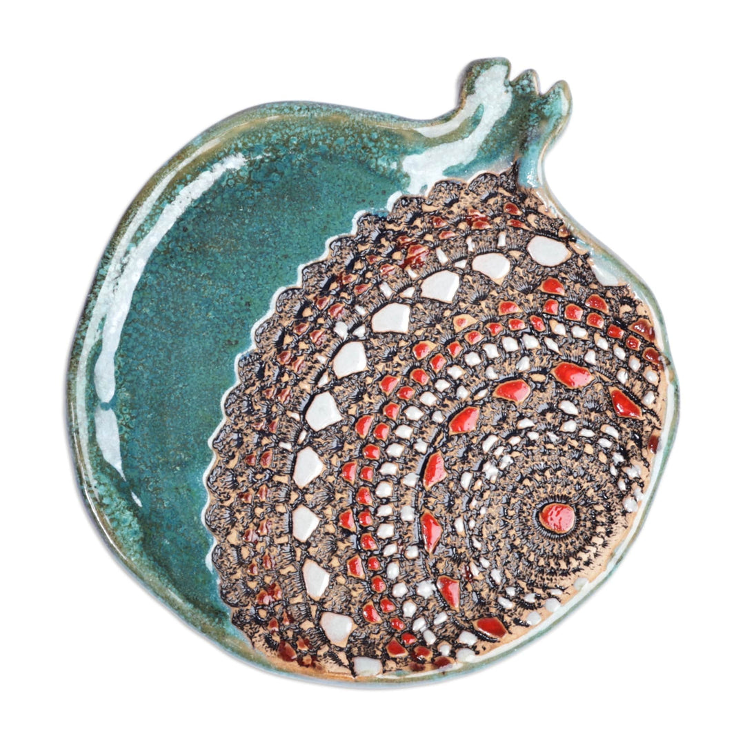 Glazed Green and Red Ceramic Pomegranate Dessert Plate - Delightful Omen