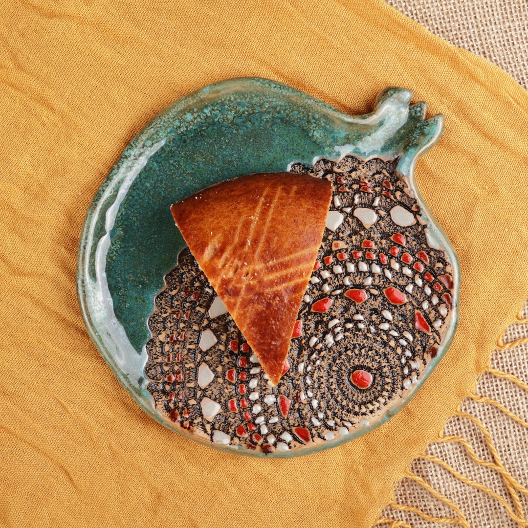 Glazed Green and Red Ceramic Pomegranate Dessert Plate - Delightful Omen