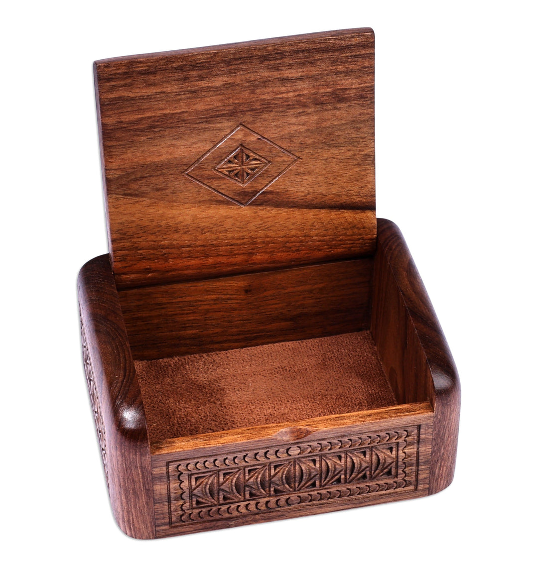 Hand-Carved Polished Wood Jewelry Box with Armenian Motifs - Armenian Heirlooms