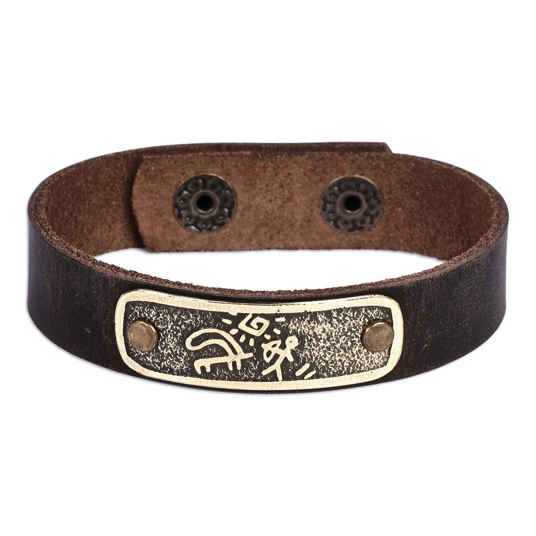 Men's Leather Bracelet with Hunting Petroglyph Brass Pendant - Wild Hunt