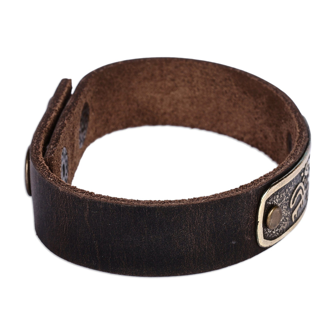 Men's Leather Bracelet with Hunting Petroglyph Brass Pendant - Wild Hunt