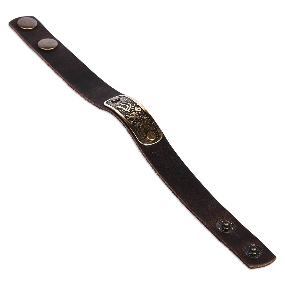 Men's Leather Bracelet with Hunting Petroglyph Brass Pendant - Wild Hunt