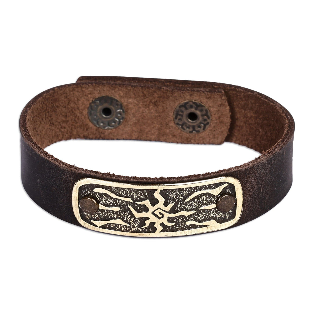 Men's Leather Bracelet with Brass Abstract Sun Pendant - Solar Brilliance