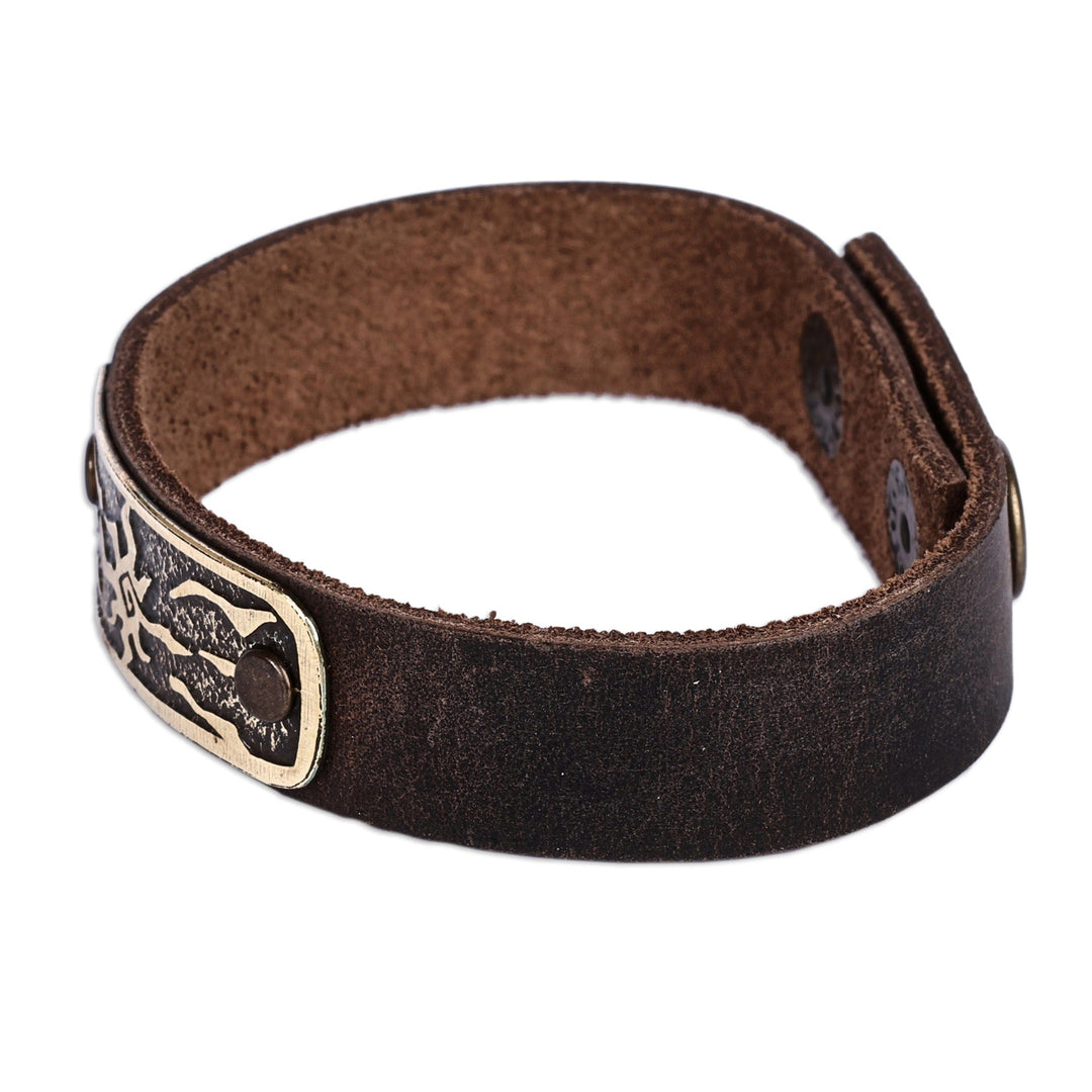 Men's Leather Bracelet with Brass Abstract Sun Pendant - Solar Brilliance