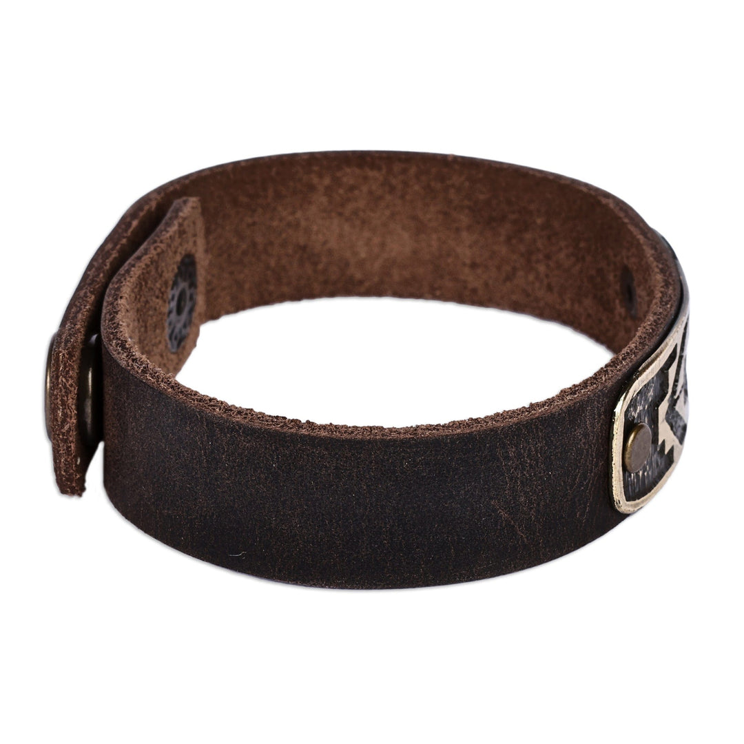 Men's Leather Brass Artsakh Carpet-Inspired Pendant Bracelet - Heritage Tapestry