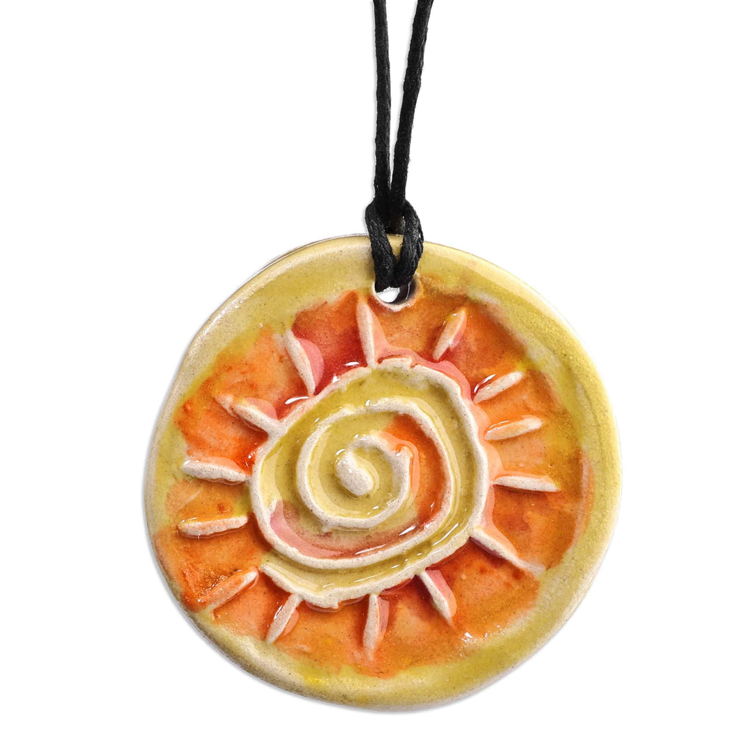Hand-Painted Warm-Toned Sun-Themed Ceramic Pendant Necklace - Shining Sun