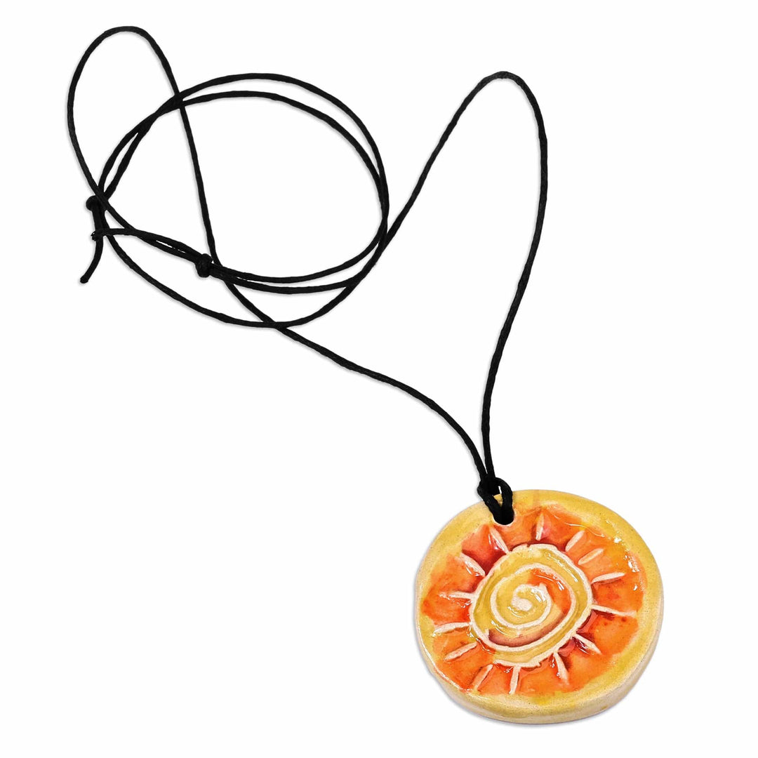 Hand-Painted Warm-Toned Sun-Themed Ceramic Pendant Necklace - Shining Sun