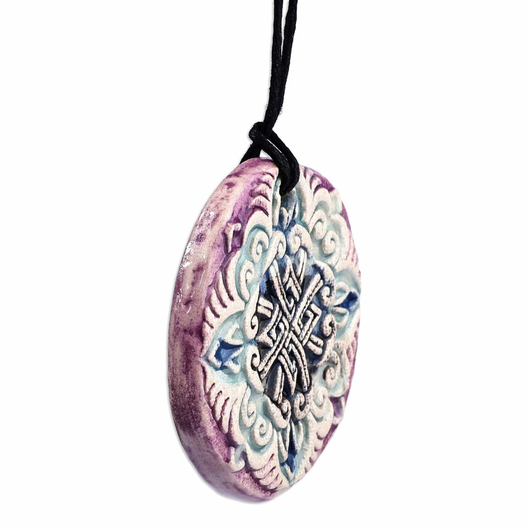 Hand-Painted Purple and Blue Floral Ceramic Pendant Necklace - Twilight Elegance