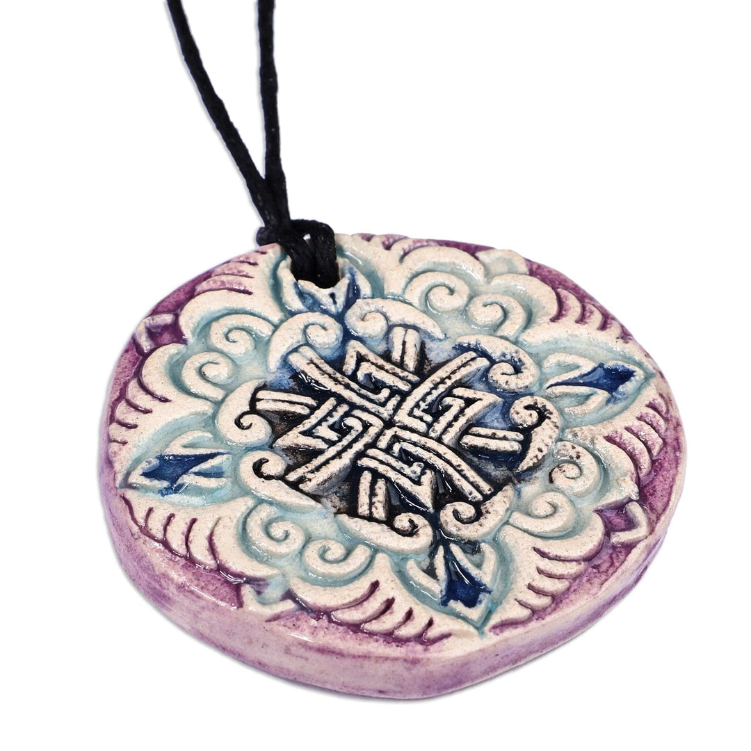 Hand-Painted Purple and Blue Floral Ceramic Pendant Necklace - Twilight Elegance