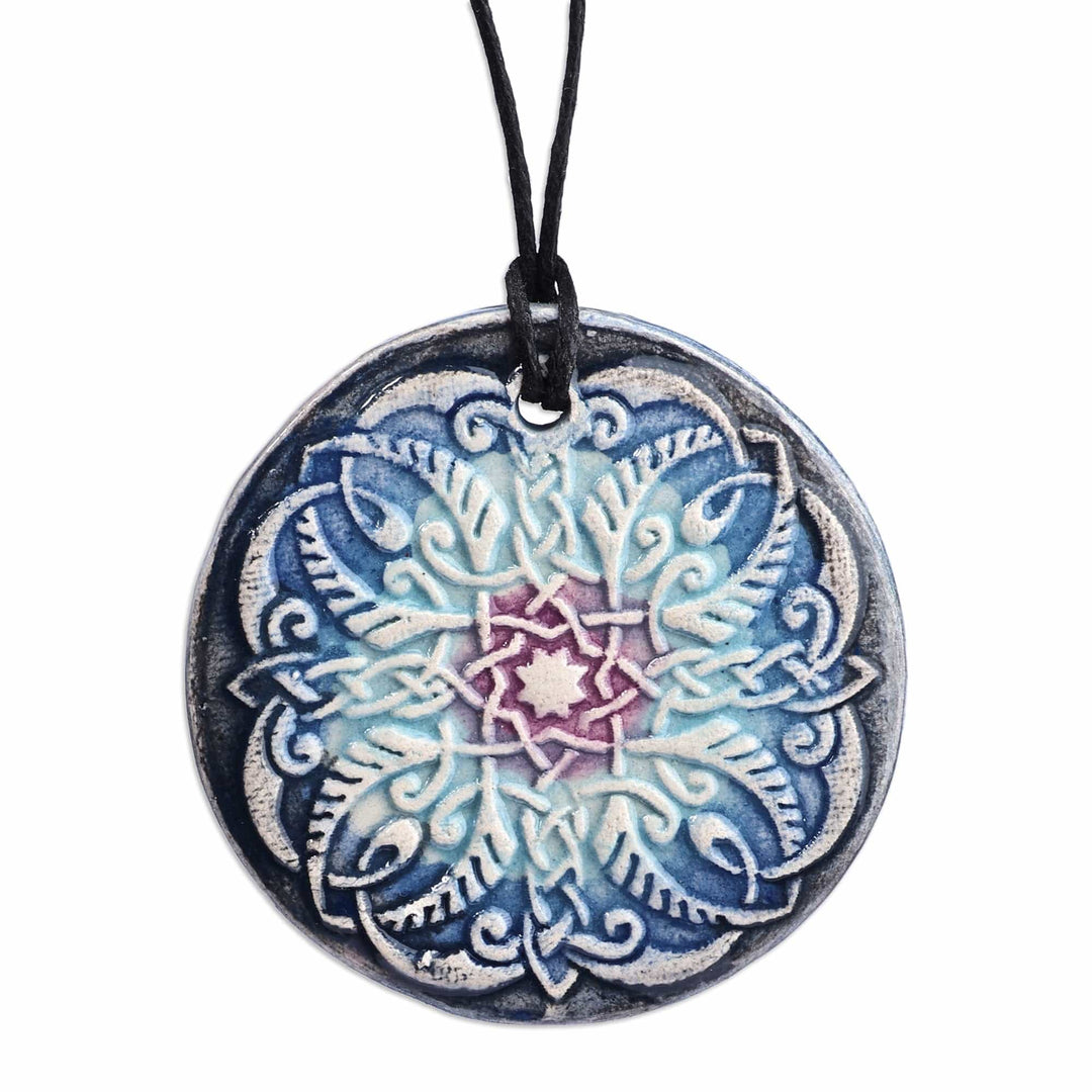 Hand-Painted Classic Blue Floral Ceramic Pendant Necklace - Twilight Serenity