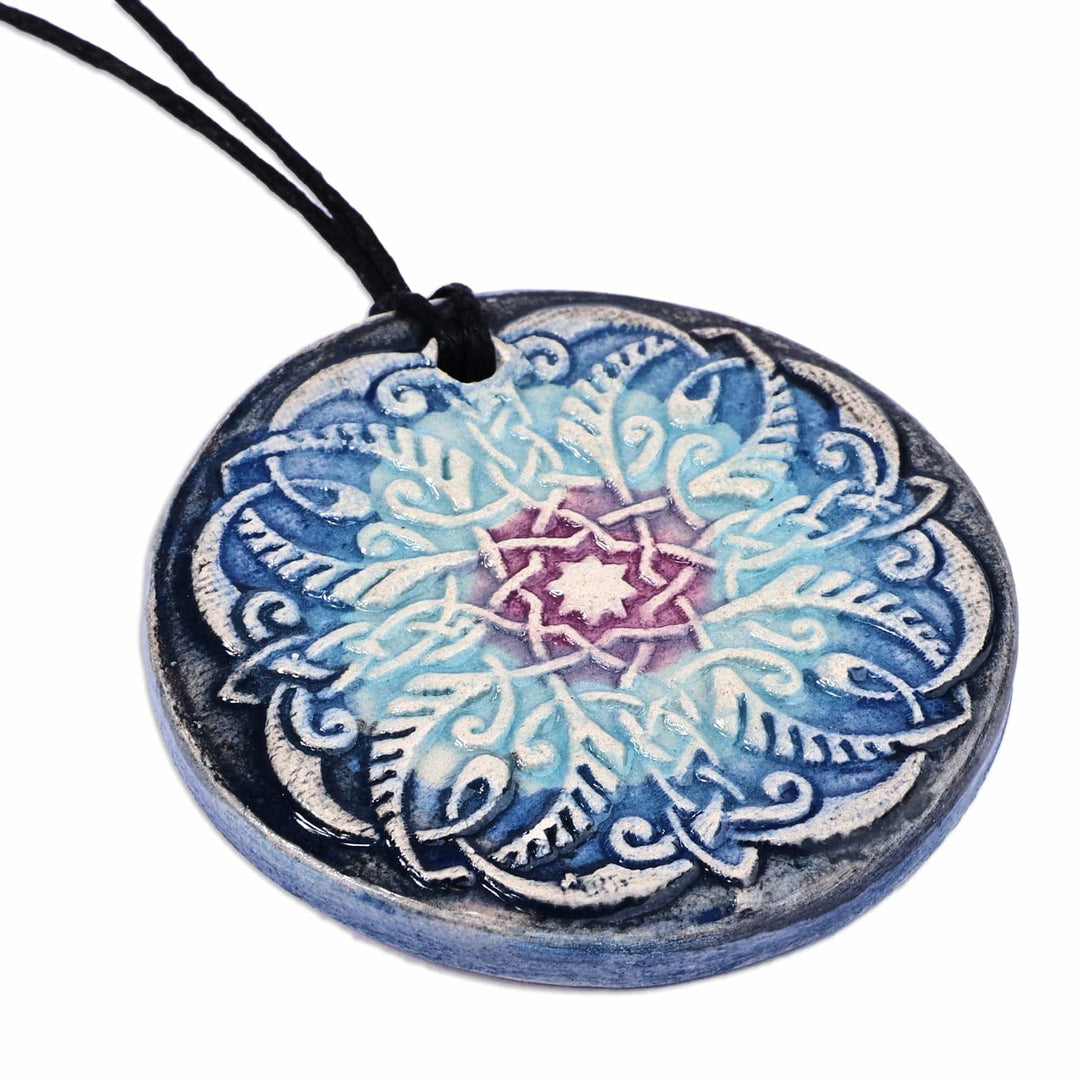 Hand-Painted Classic Blue Floral Ceramic Pendant Necklace - Twilight Serenity