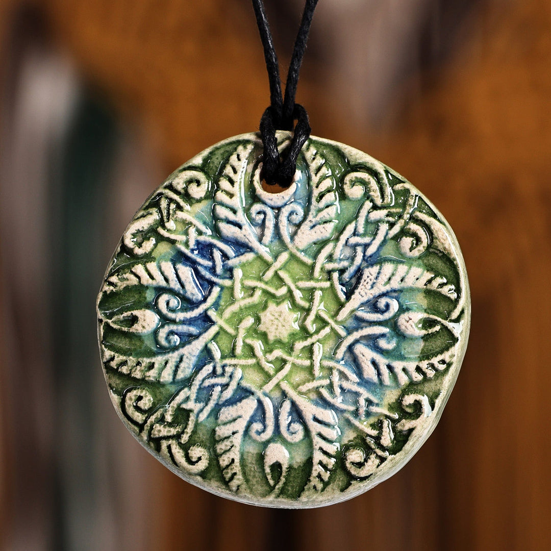 Hand-Painted Green and Blue Floral Ceramic Pendant Necklace Twilight Harmony