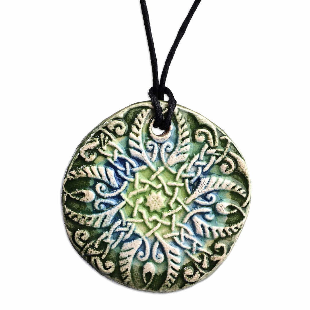 Hand-Painted Green and Blue Floral Ceramic Pendant Necklace - Twilight Harmony