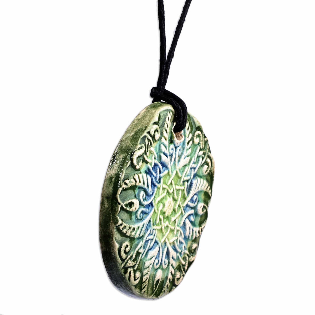 Hand-Painted Green and Blue Floral Ceramic Pendant Necklace - Twilight Harmony
