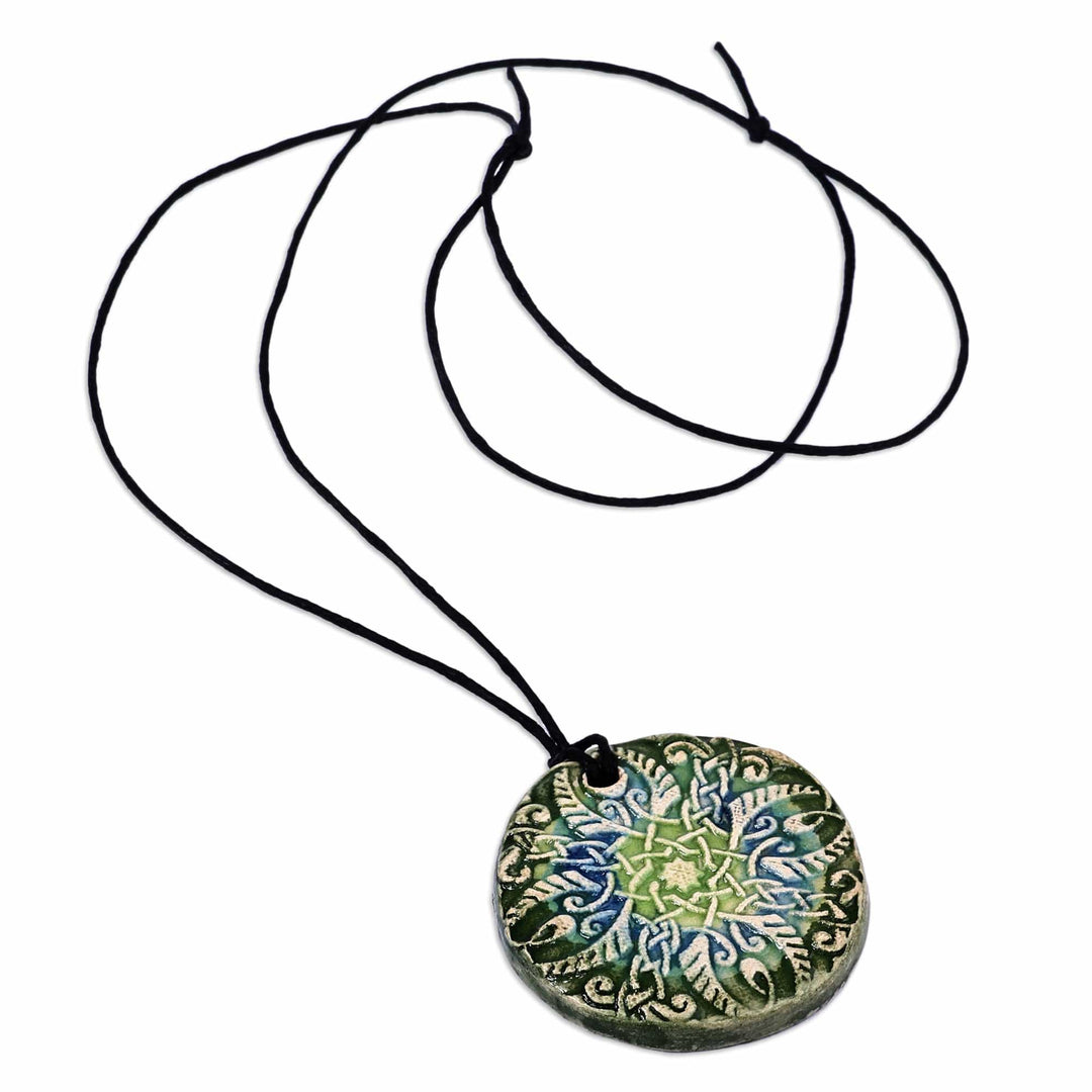 Hand-Painted Green and Blue Floral Ceramic Pendant Necklace - Twilight Harmony