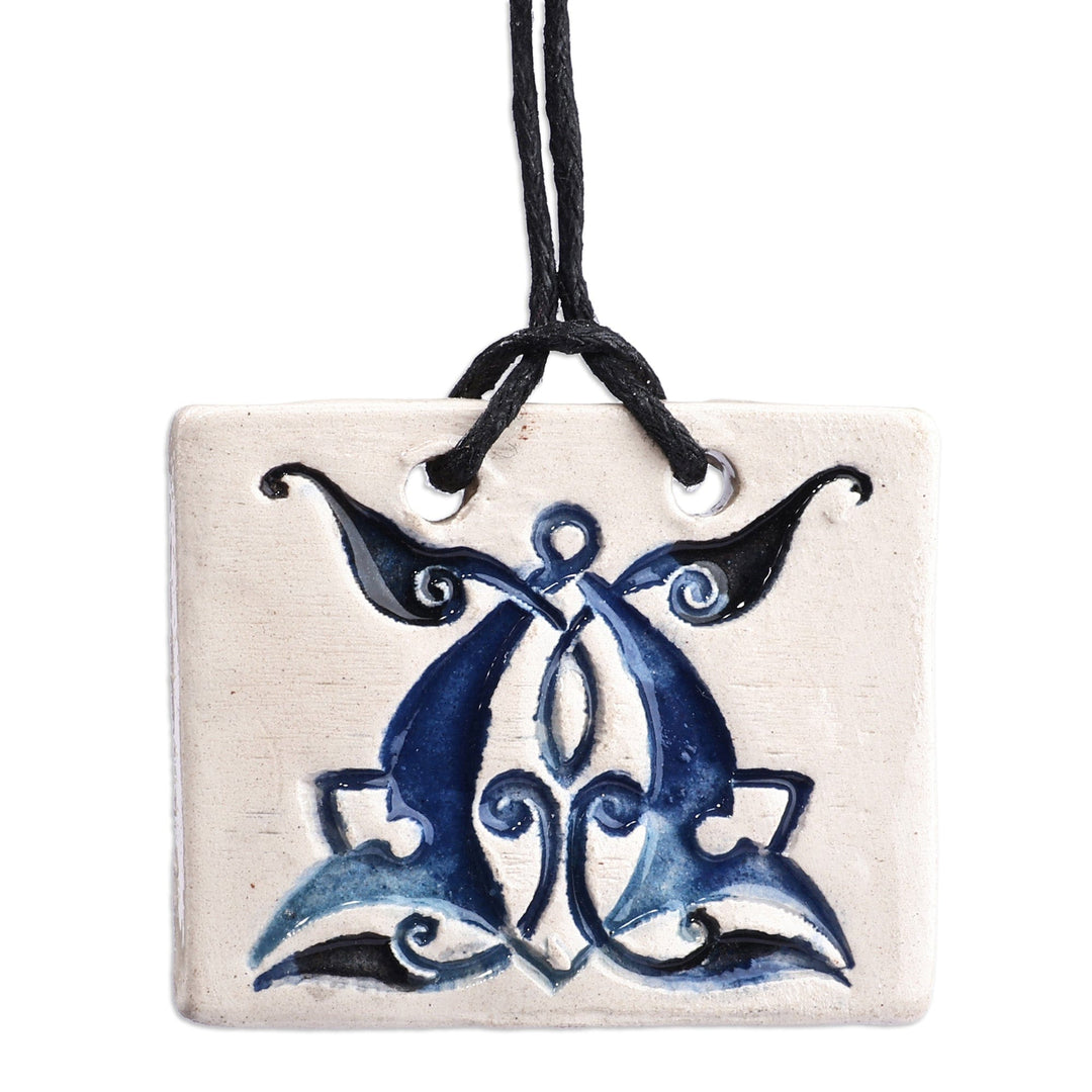 Hand-Painted Classic Leafy Tile Ceramic Pendant Necklace - Superb Blue