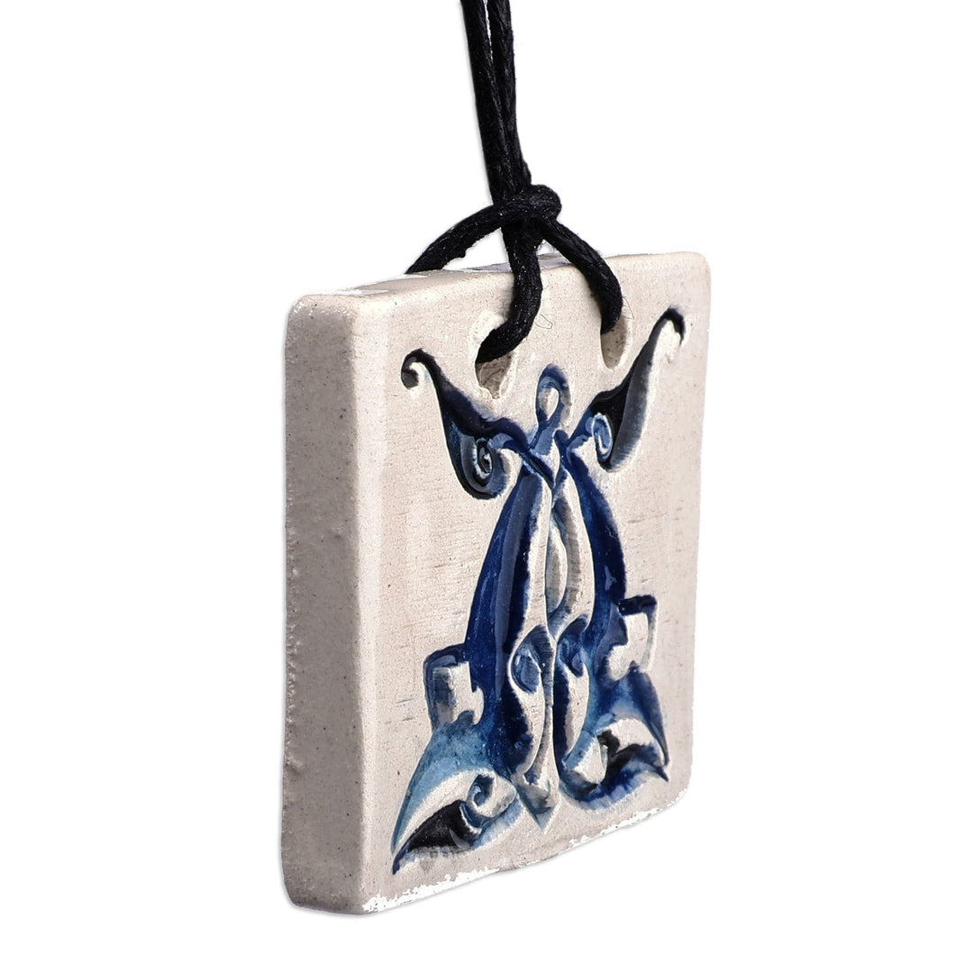 Hand-Painted Classic Leafy Tile Ceramic Pendant Necklace - Superb Blue