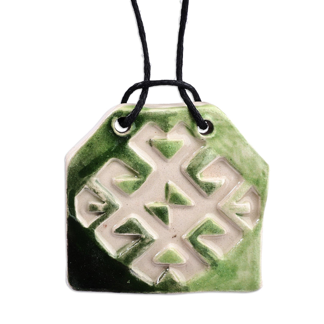 Hand-Painted Geometric Green Ceramic Pendant Necklace - Harmonious Vision