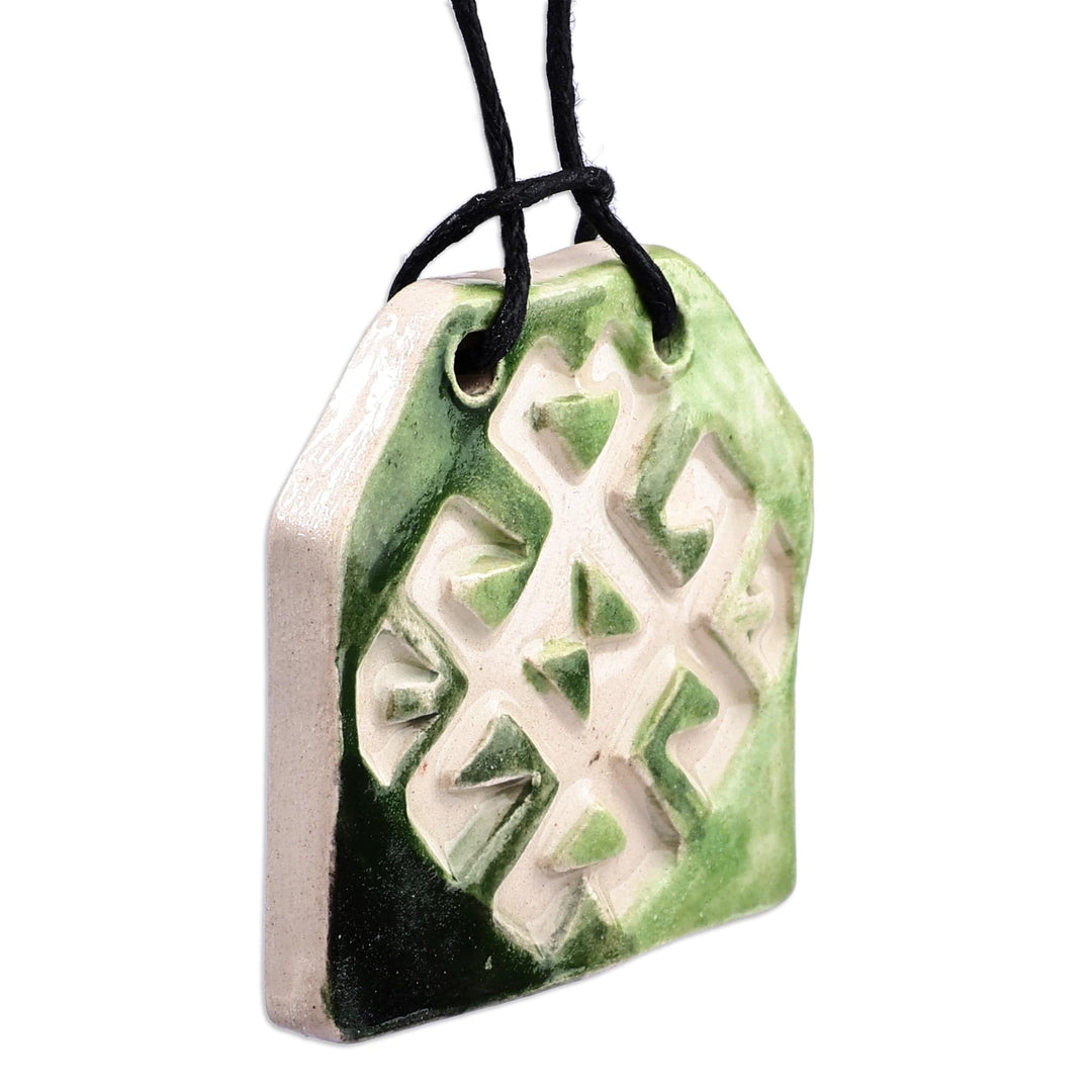 Hand-Painted Geometric Green Ceramic Pendant Necklace - Harmonious Vision