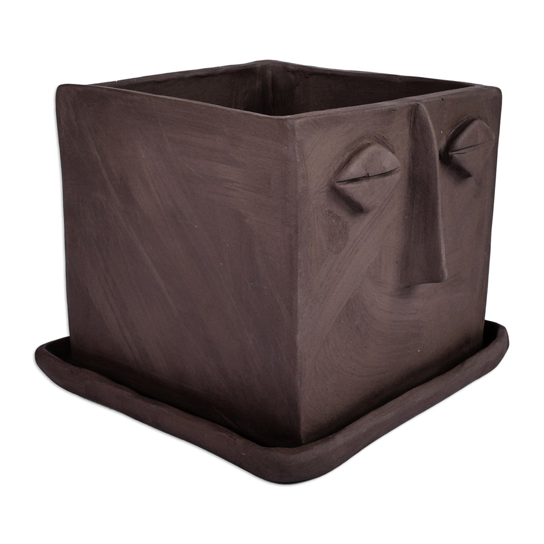 Handcrafted Whimsical Square Ceramic Vase with Plate - Square Faces