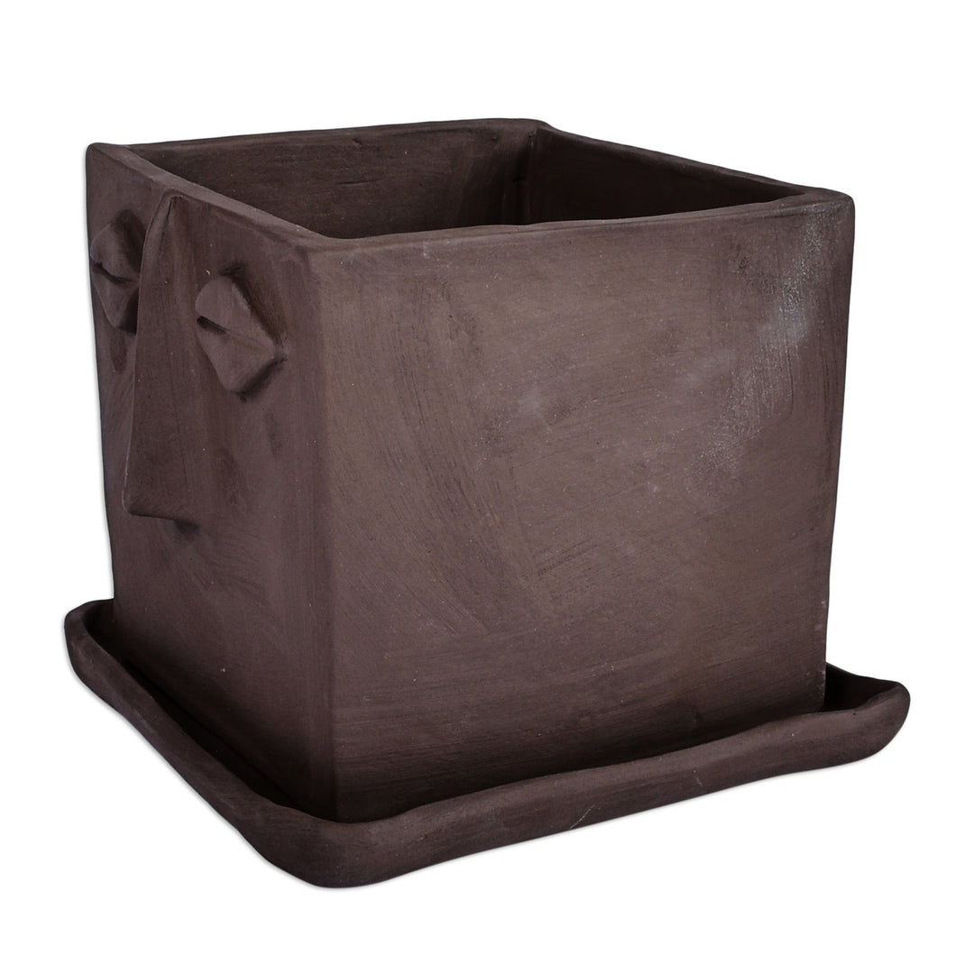 Handcrafted Whimsical Square Ceramic Vase with Plate - Square Faces