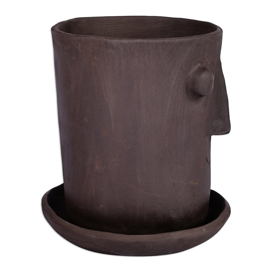 Handcrafted Whimsical Round Ceramic Vase with Plate - Round Faces