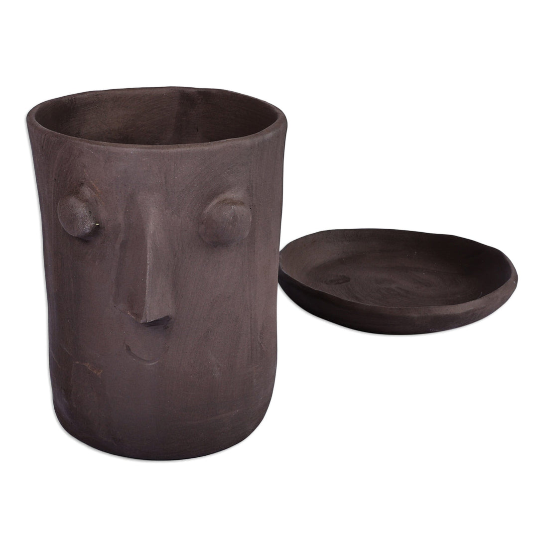 Handcrafted Whimsical Round Ceramic Vase with Plate - Round Faces