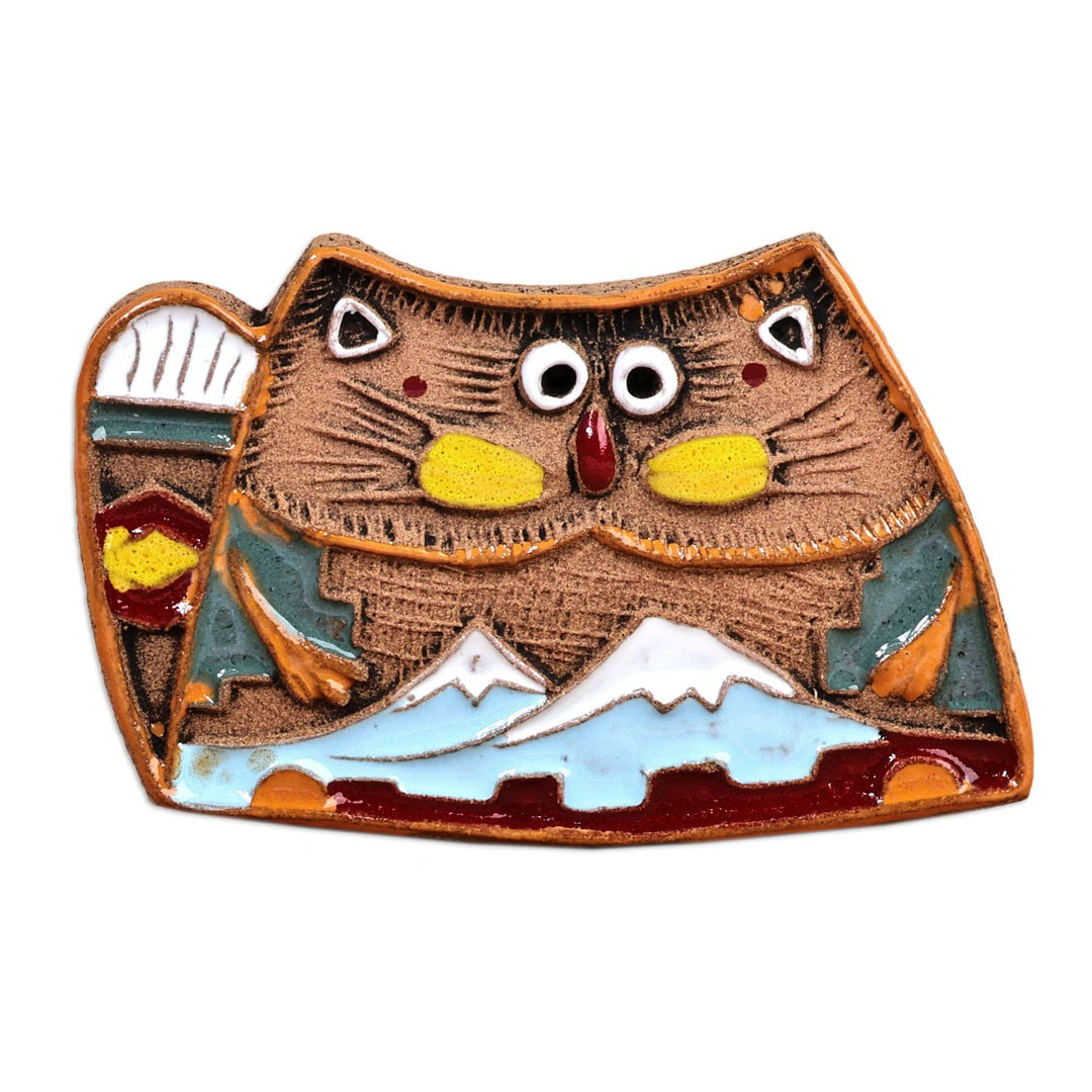 Armenian Hand-Painted Cat and Mount Ararat Ceramic Magnet - Mountain Kitties