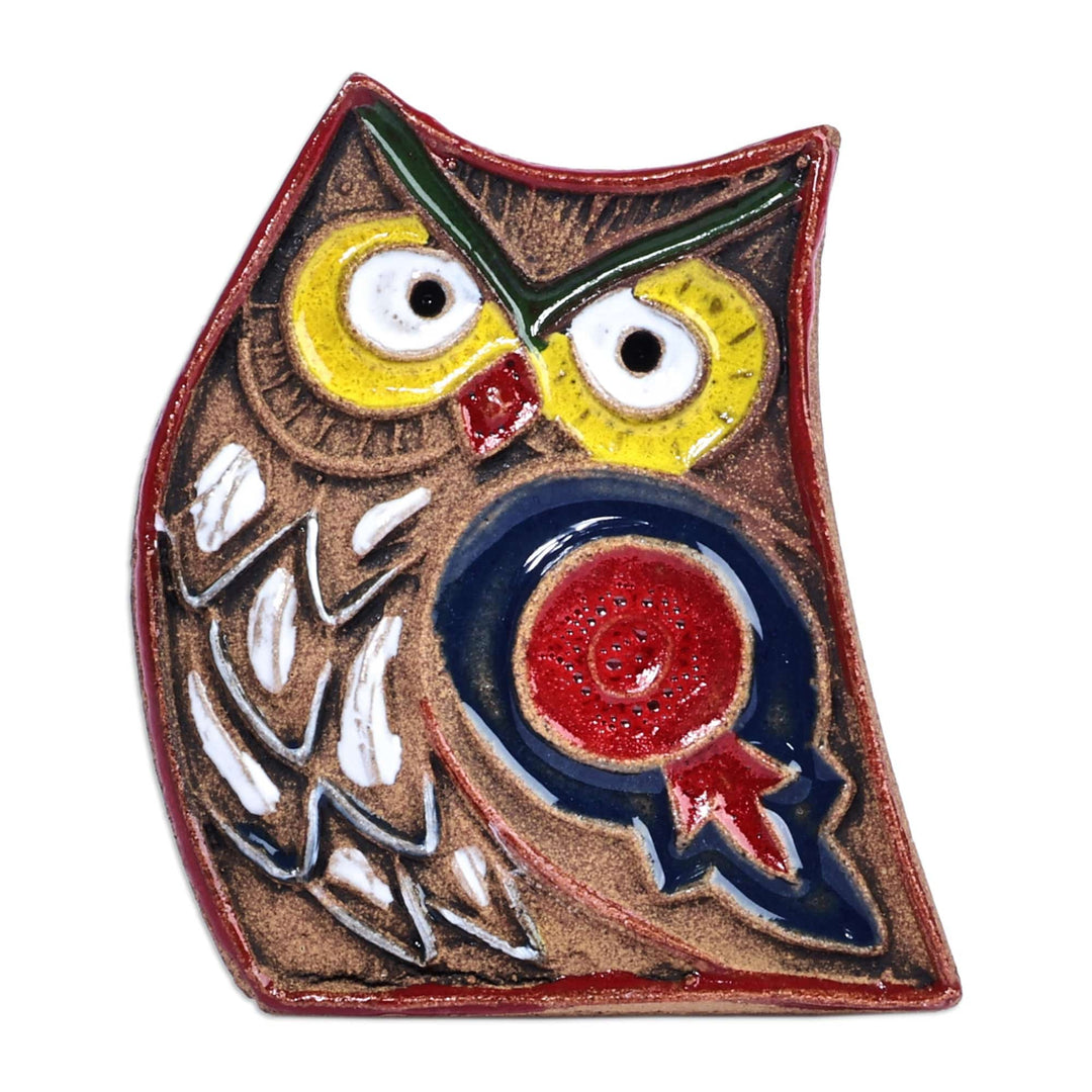 Owl and Pomegranate Ceramic Magnet Hand-Painted in Armenia - Owl Wisdom