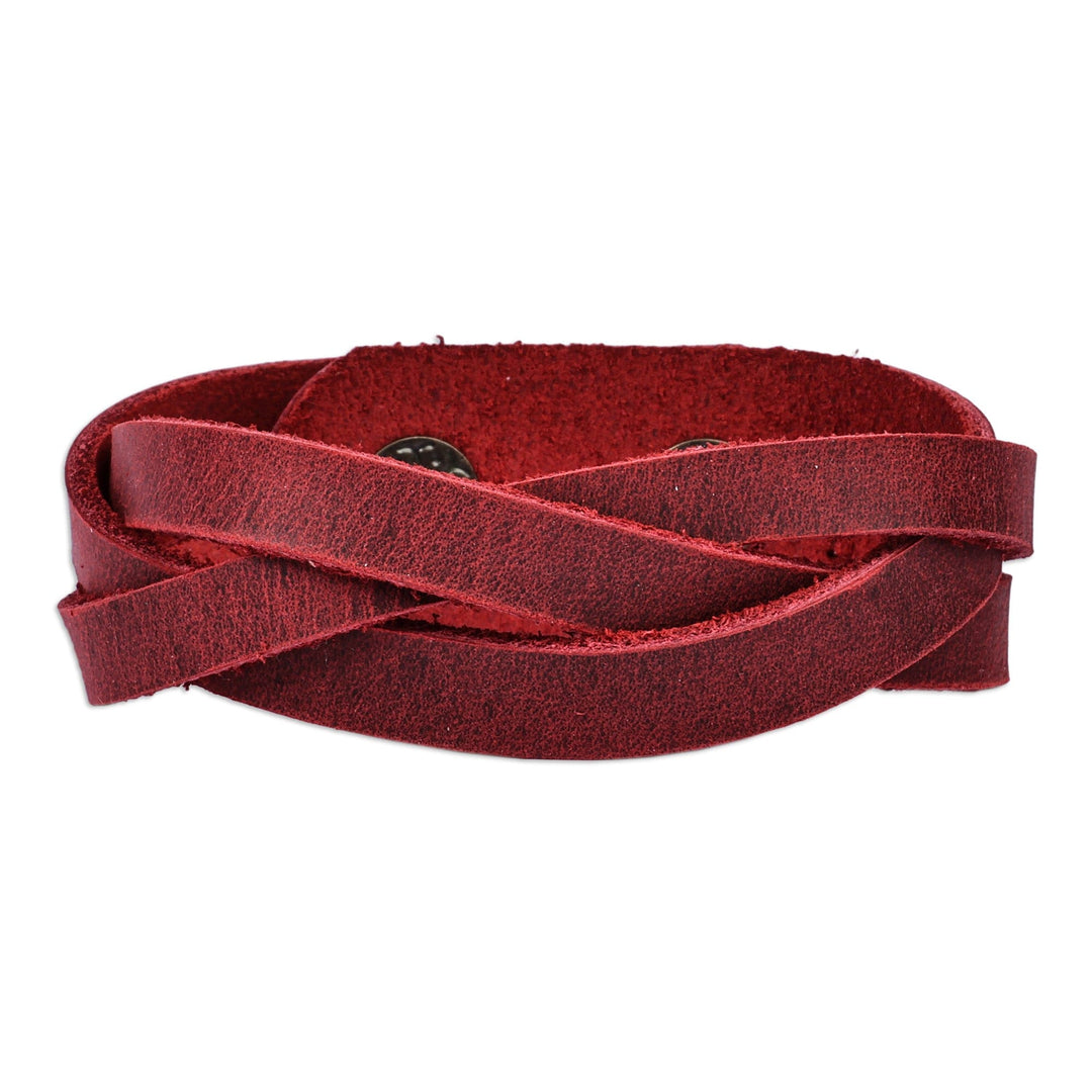 Braided Style Leather Strand Wristband Bracelet in Burgundy - Braided Zest