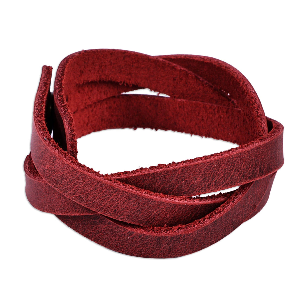 Braided Style Leather Strand Wristband Bracelet in Burgundy - Braided Zest