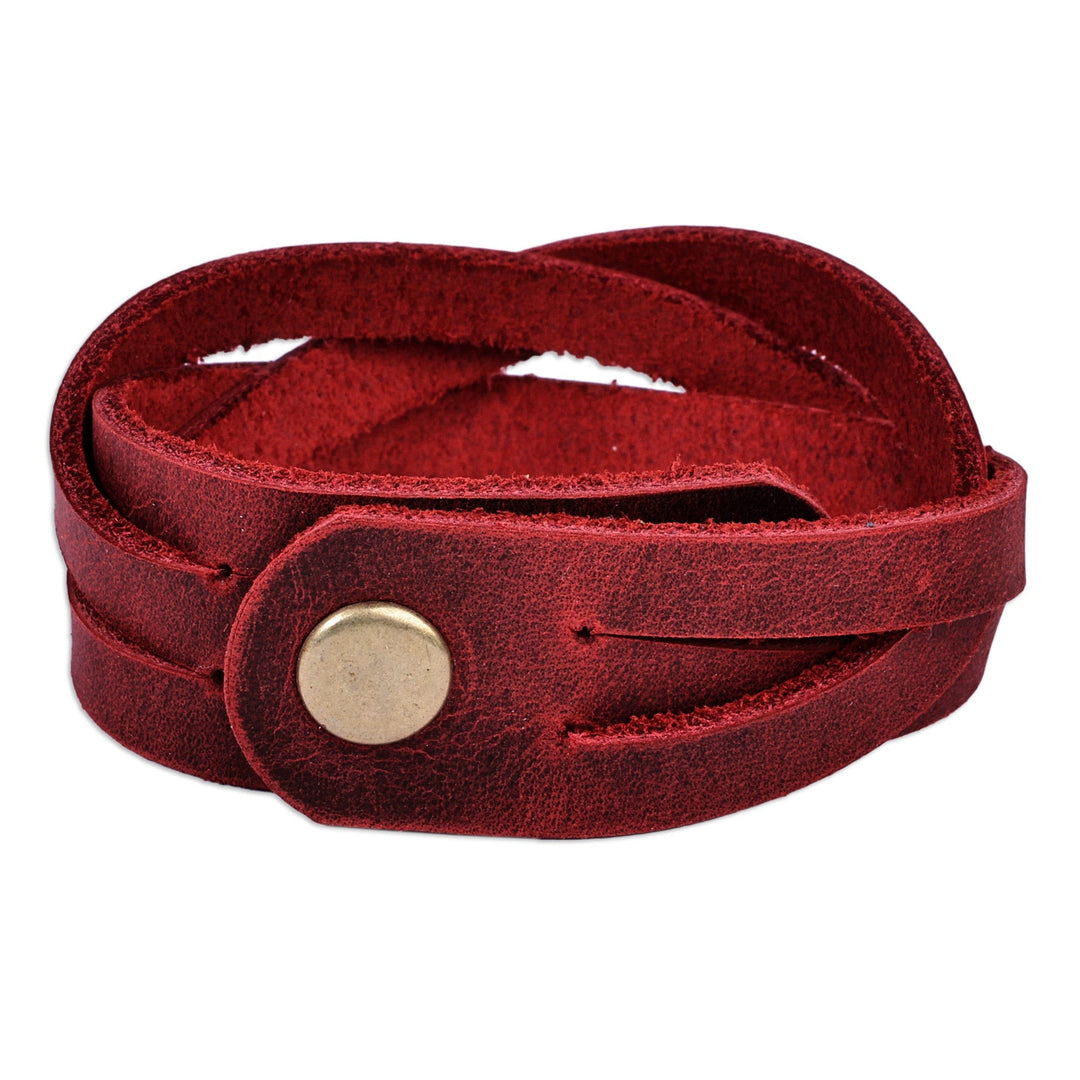 Braided Style Leather Strand Wristband Bracelet in Burgundy - Braided Zest