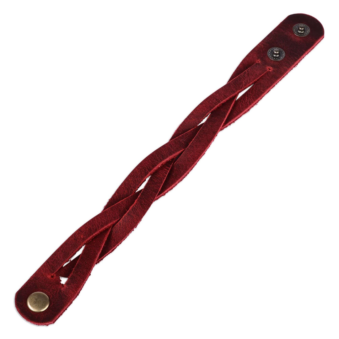 Braided Style Leather Strand Wristband Bracelet in Burgundy - Braided Zest
