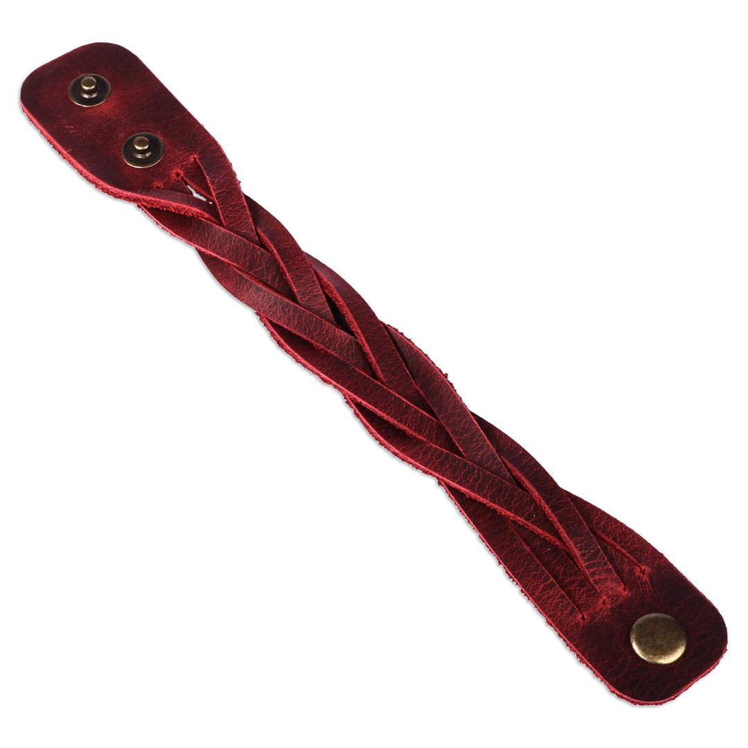 Burgundy Leather Wristband Bracelet with Braided Strands - Braided Energy