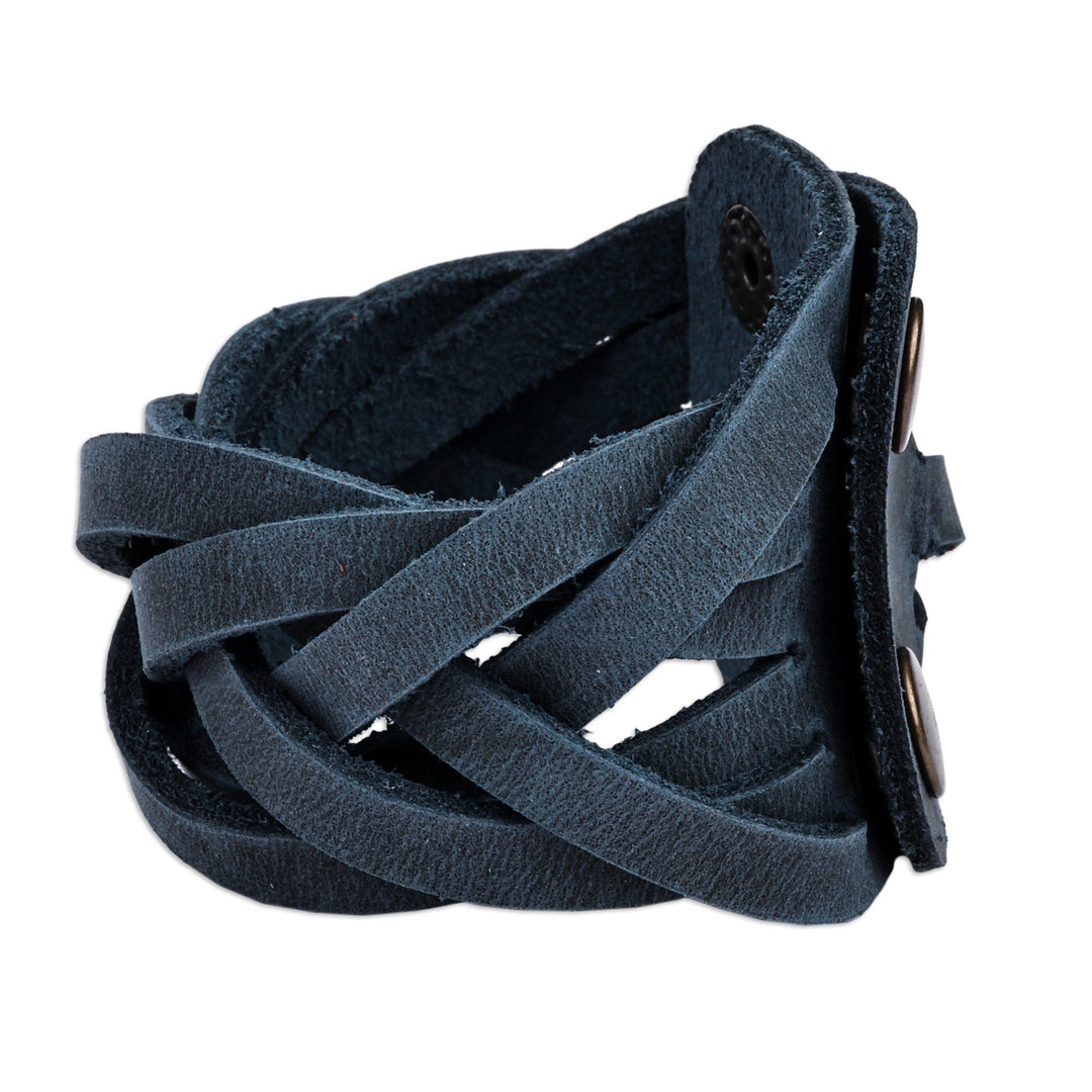 Leather Wristband Bracelet with Braided Strands in Blue - Braided Chic