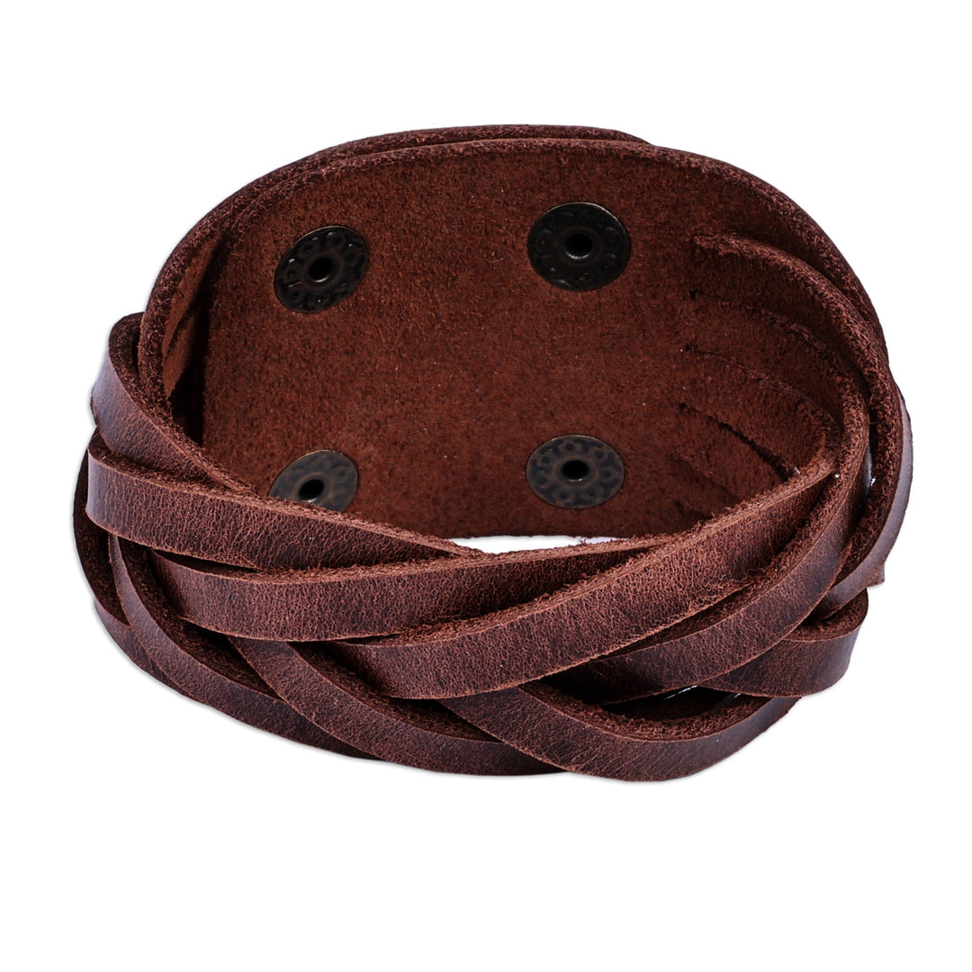 Leather Wristband Bracelet with Braided Strands in Brown - Braided Radiance
