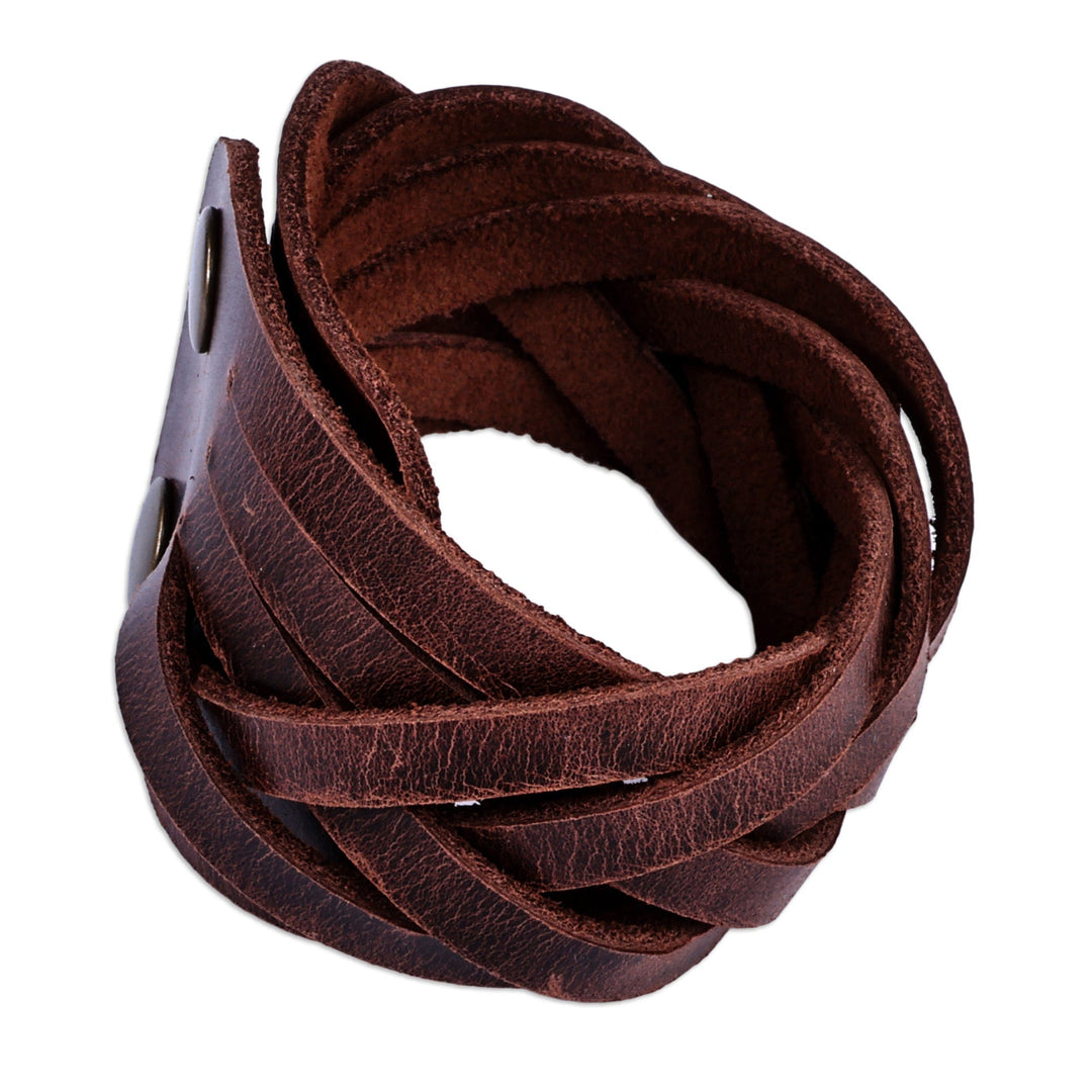 Leather Wristband Bracelet with Braided Strands in Brown - Braided Radiance