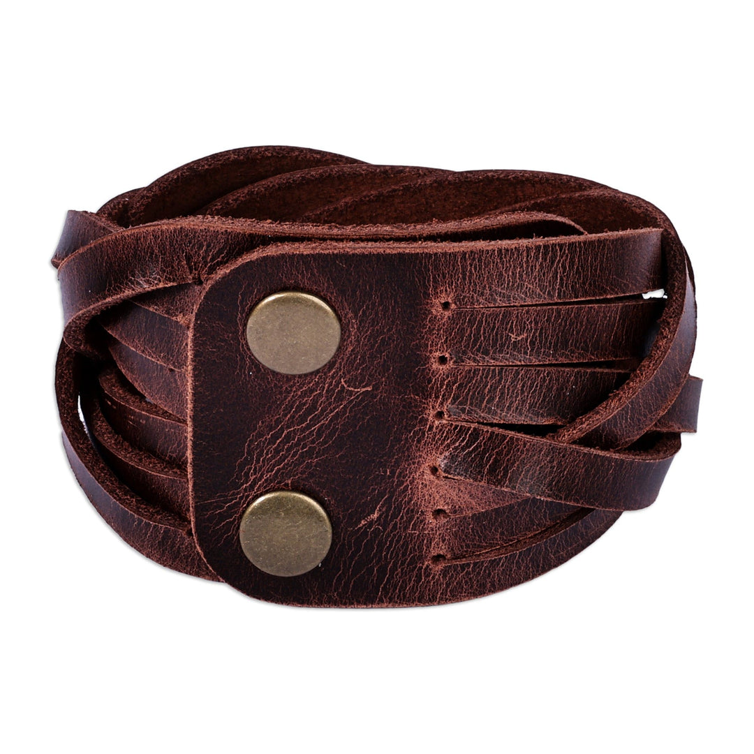 Leather Wristband Bracelet with Braided Strands in Brown - Braided Radiance
