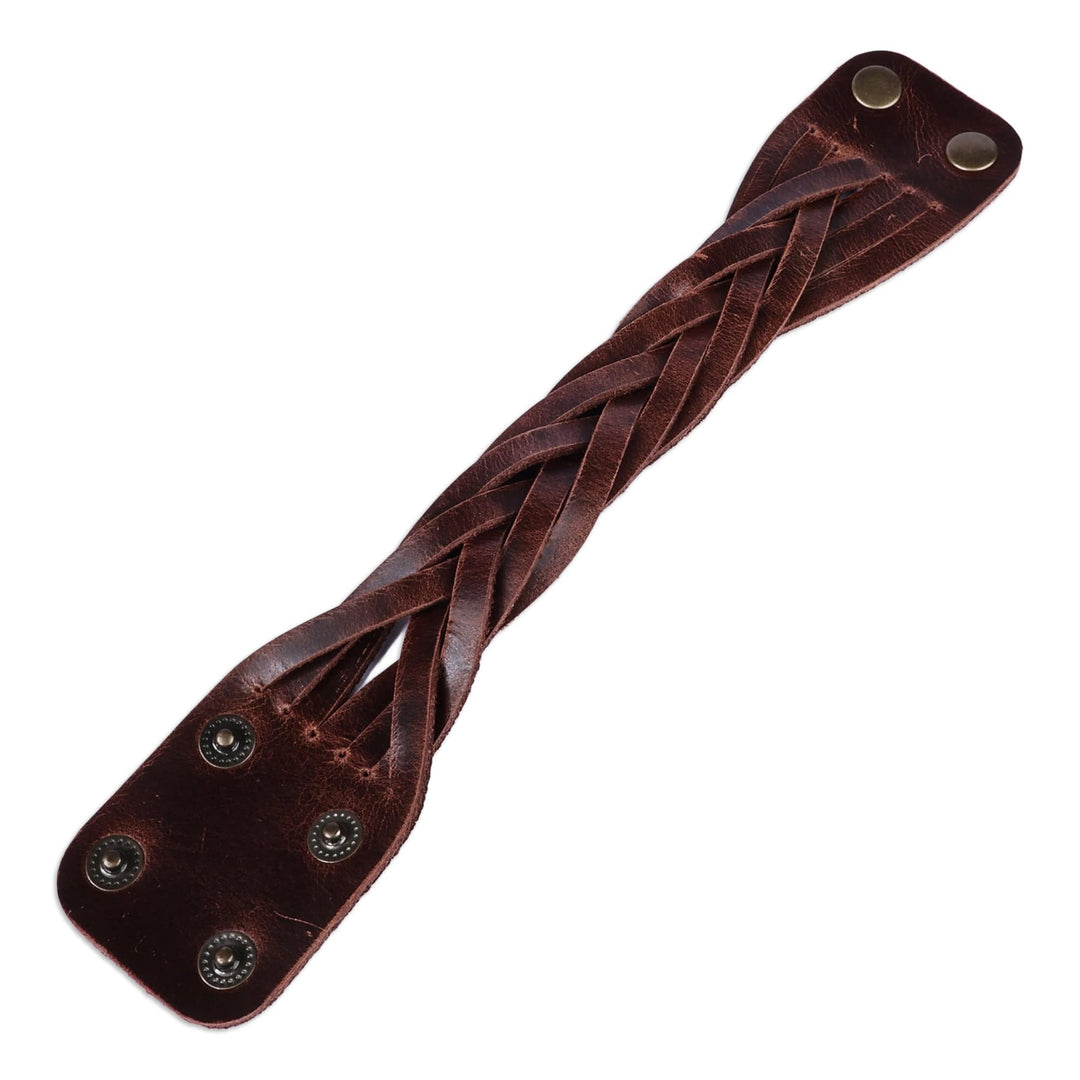 Leather Wristband Bracelet with Braided Strands in Brown - Braided Radiance