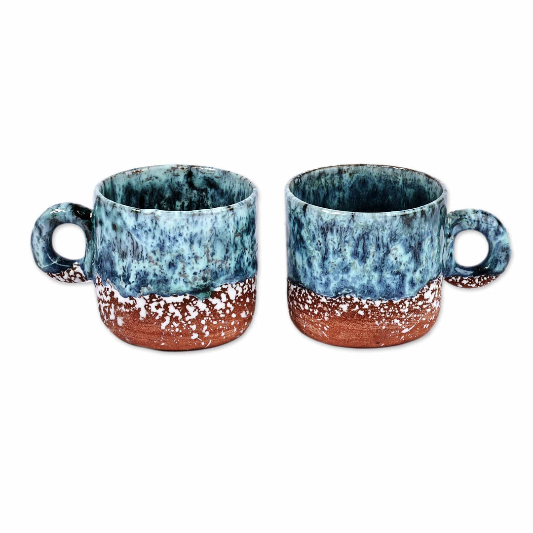 Set of 2 Handmade Blue and Brown Ceramic Cups and Saucers - Blue Coffee Breeze