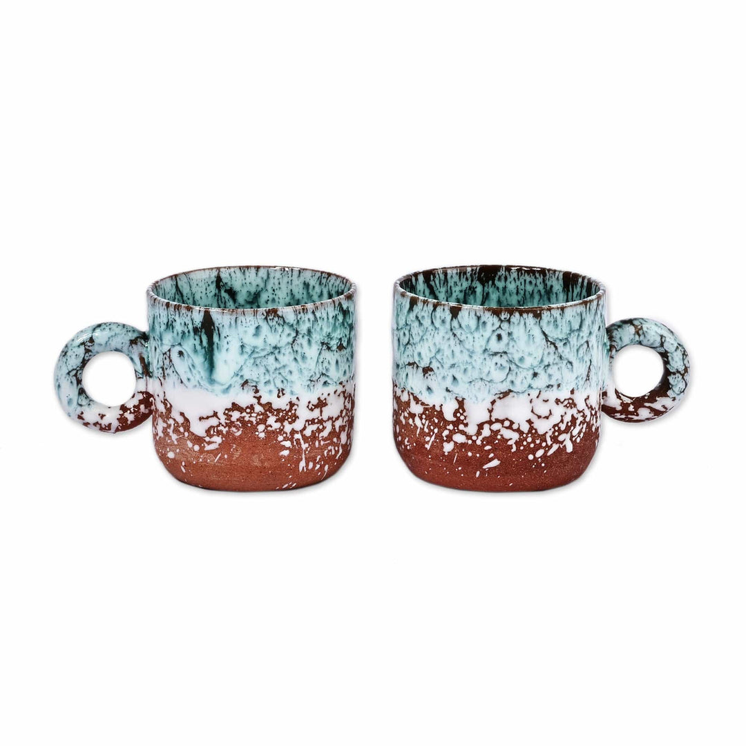 Set of 2 Handmade Aqua and Brown Ceramic Cups - Aqua Coffee Breeze