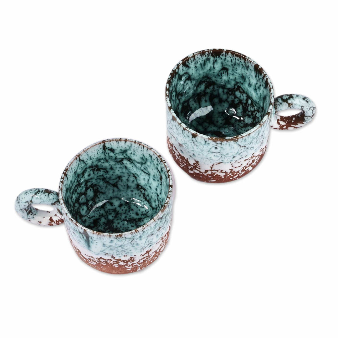 Set of 2 Handmade Aqua and Brown Ceramic Cups - Aqua Coffee Breeze