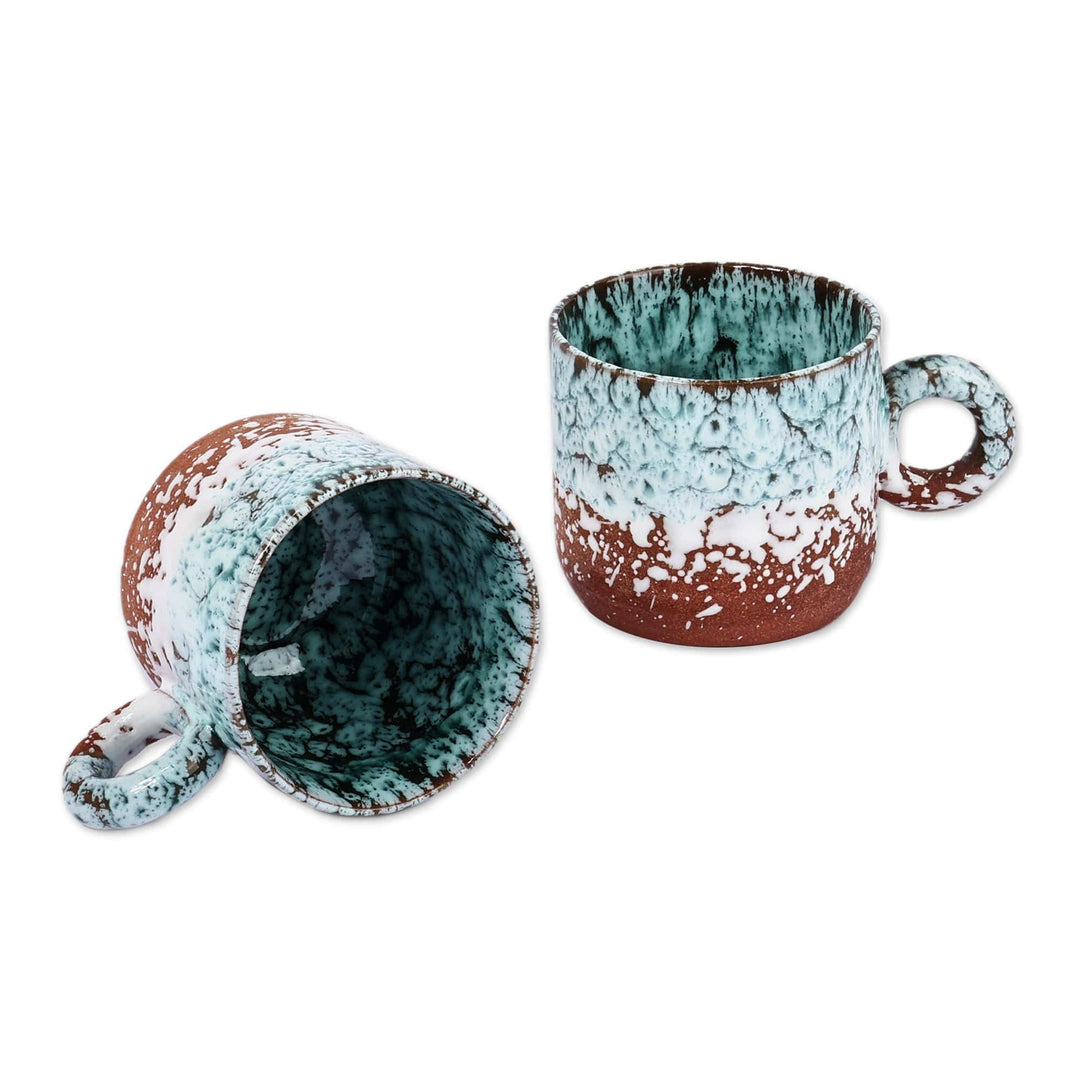 Set of 2 Handmade Aqua and Brown Ceramic Cups - Aqua Coffee Breeze