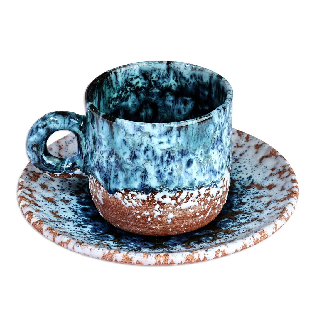 Handcrafted Blue and Brown Ceramic Cup and Saucer - Blue Coffee Breeze