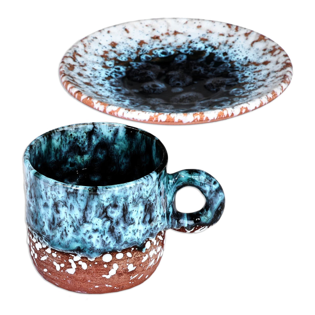 Handcrafted Blue and Brown Ceramic Cup and Saucer - Blue Coffee Breeze