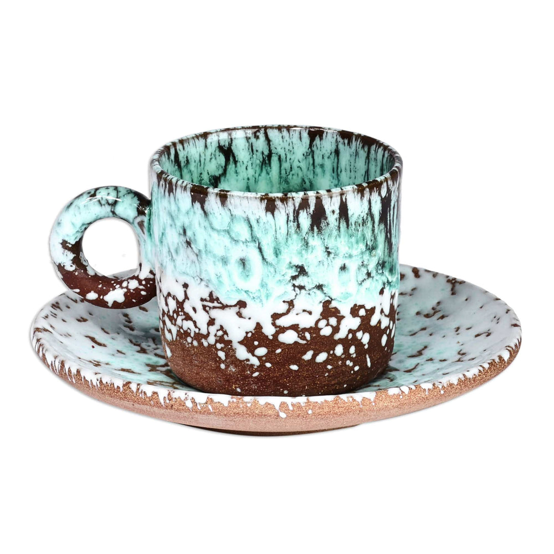 Handcrafted Aqua and Brown Ceramic Cup and Saucer - Aqua Coffee Breeze