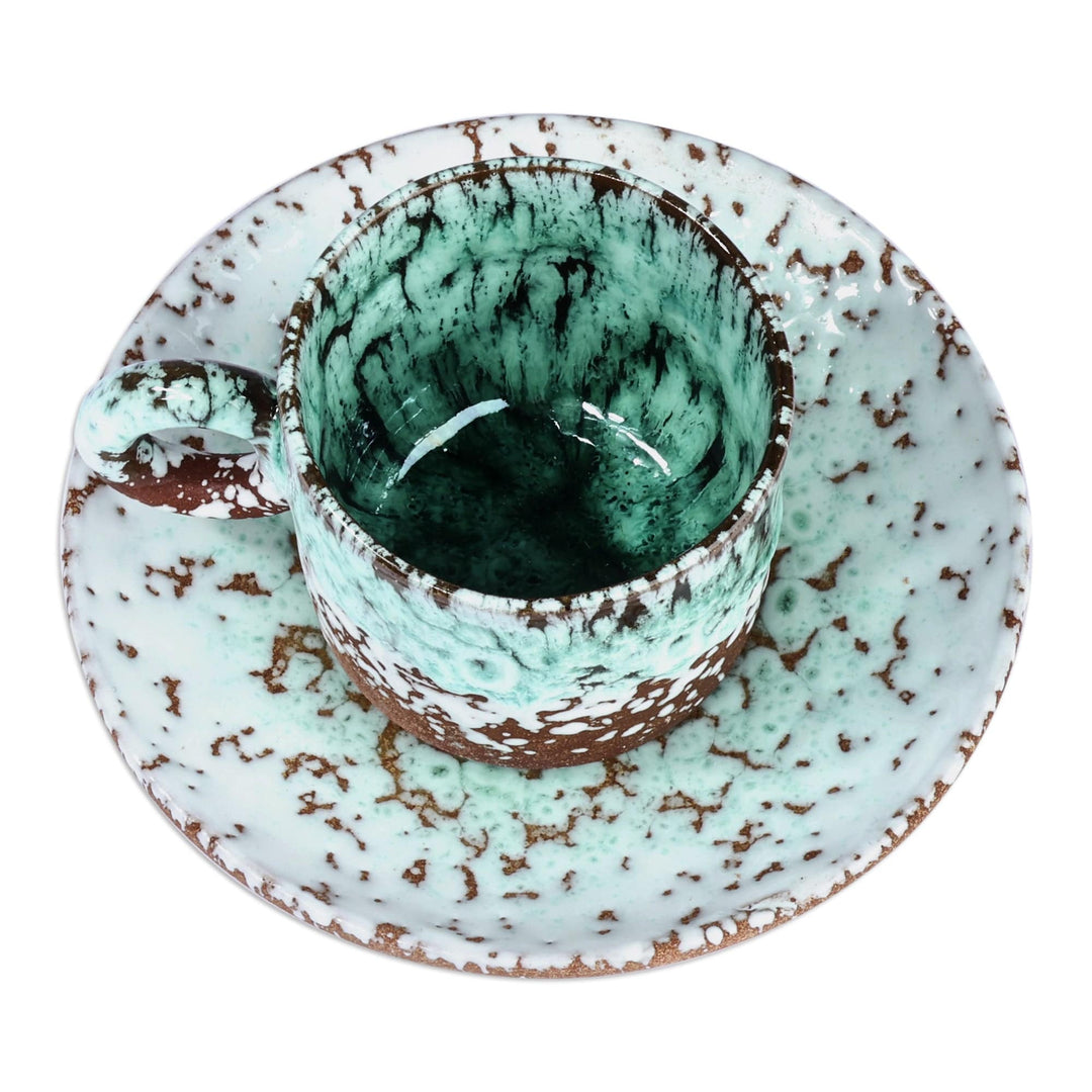 Handcrafted Aqua and Brown Ceramic Cup and Saucer - Aqua Coffee Breeze